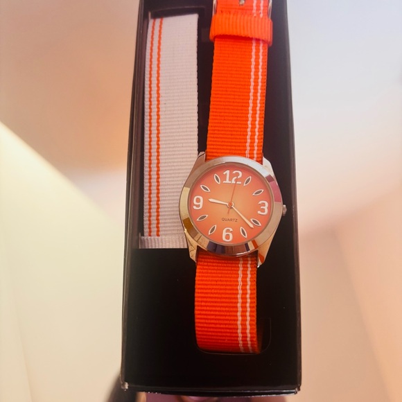 Accessories - Vibrant Orange Quartz Watch with Striped Band